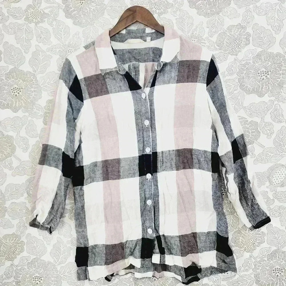 Soft Surroundings Linen Blend Button up Long sleeve Women's Shirt Plaid XL 9324 - Picture 1 of 9